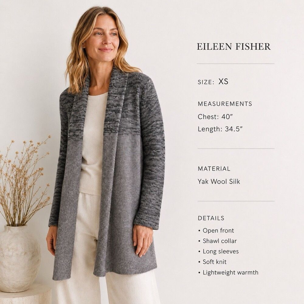Eileen Fisher Long Cardigan XS Gray Marled Yak Wool Silk Quiet Luxury Minimalist